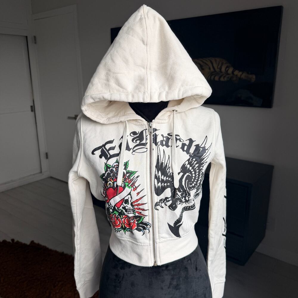 Ed Hardy Women's Medium Hoodie White Dragon Skull Panther Graphic Y2k Grunge